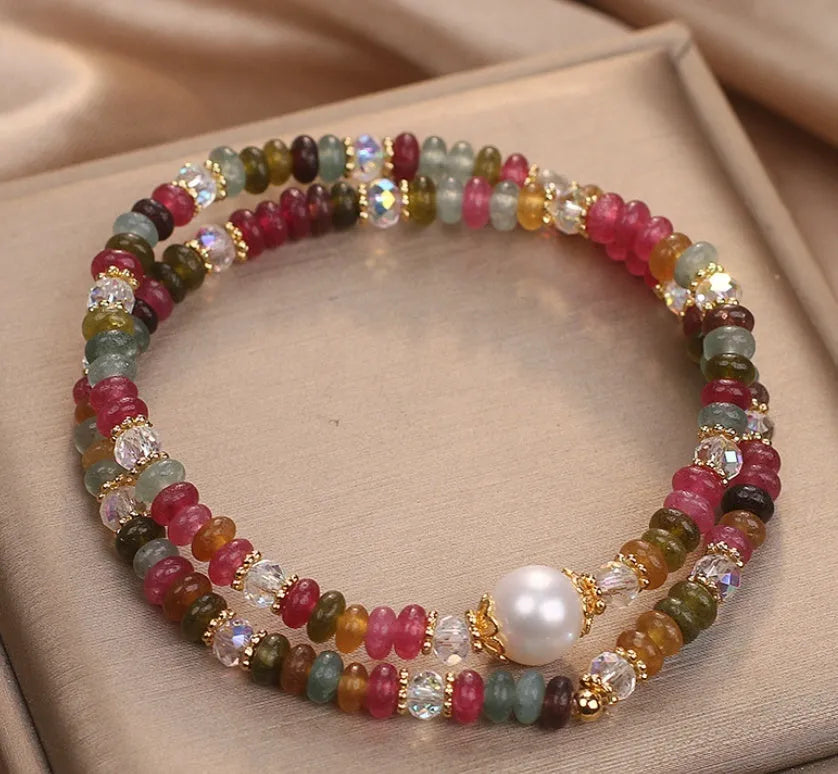 Natural stone tourmaline beaded crystal bracelet for women ethnic style adjustable jewellery