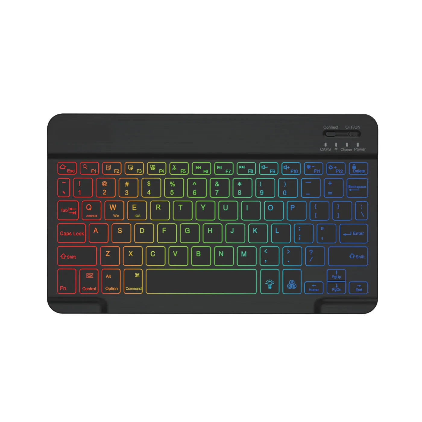 Compact 10-inch black Bluetooth keyboard with colourful LED backlight, shown next to a tablet.