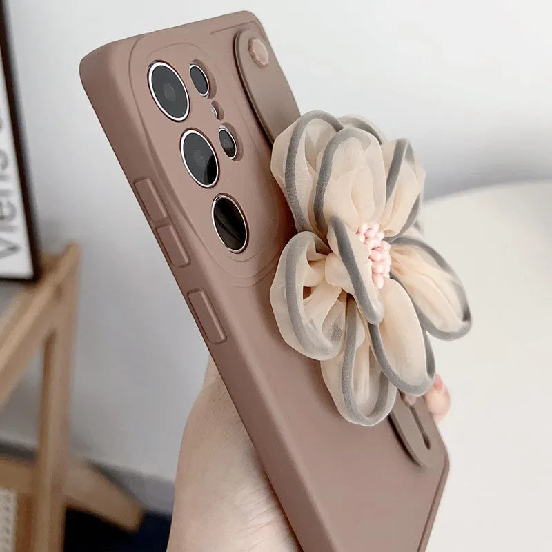 Brown frosted silicone phone case with built-in bracket and wrist strap for Samsung smartphone