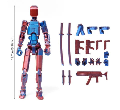 Unassembled 3D printed robot model kit with multi-jointed parts on a table