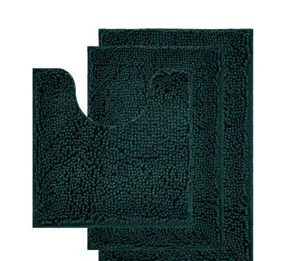 Dark green chenille U-shaped three-piece bathroom toilet carpet set on tiled floor.