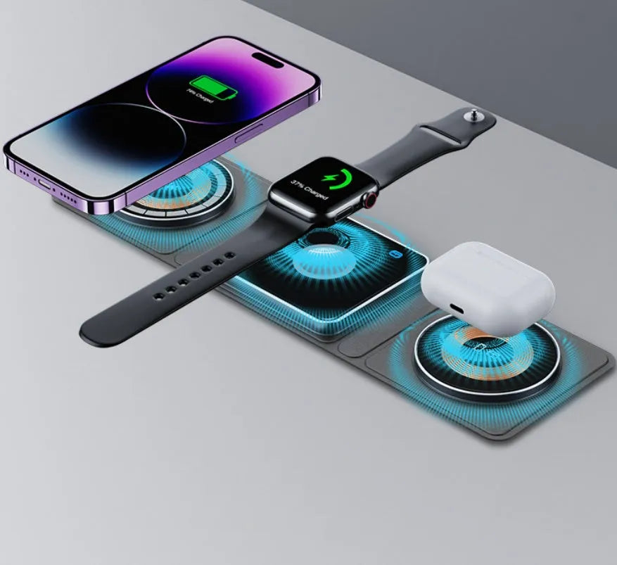 Black transparent Magsafe three-in-one magnetic wireless charging station with TYPE-C interface