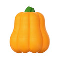 Orange pumpkin-shaped plastic dog chew toy with a blue rope attached for throwing and tugging.