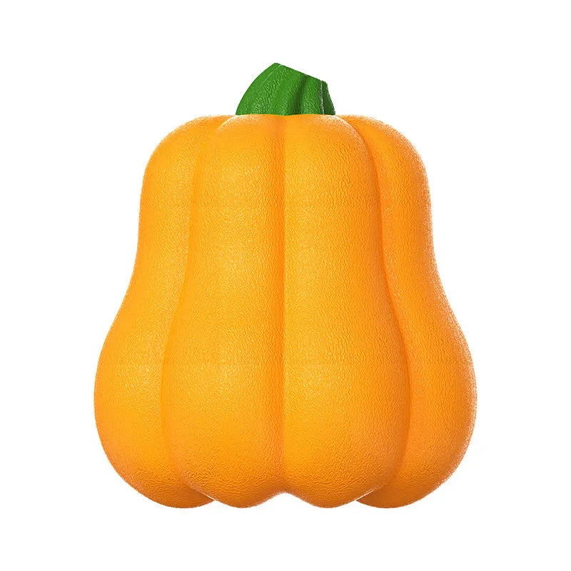 Orange pumpkin-shaped plastic dog chew toy with a blue rope attached for throwing and tugging.