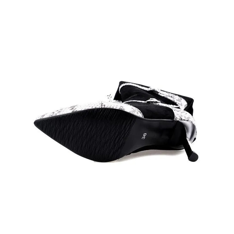 Grey and black women's knee-high boots with a thin 9cm high heel and a 33cm shaft.