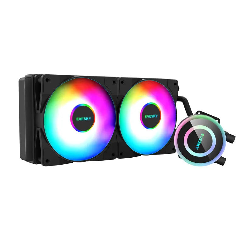 Black aluminium CPU radiator fan with RGB lighting, shown in 120mm, 240mm, and 360mm size options for PC cooling.