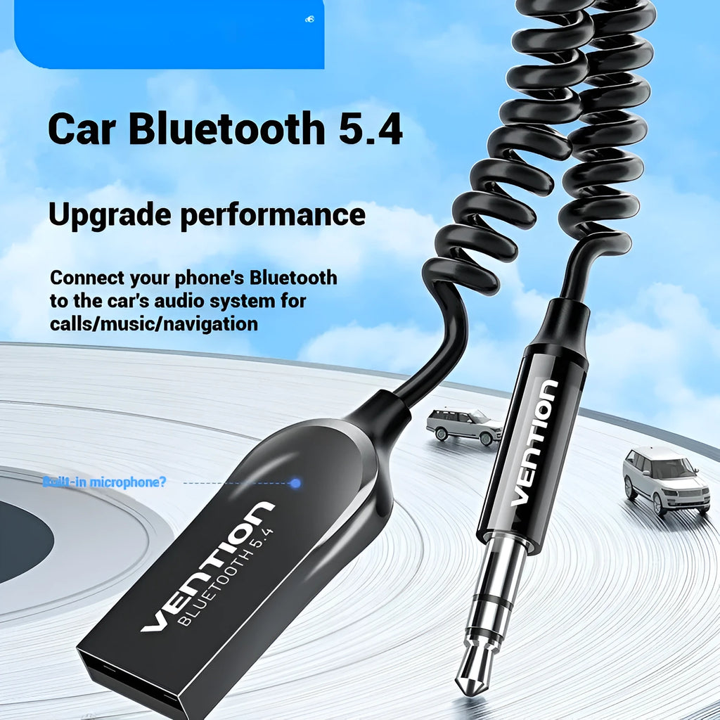 USB car Bluetooth audio receiver with USB-A and 3.5mm connectors for vehicle audio upgrade