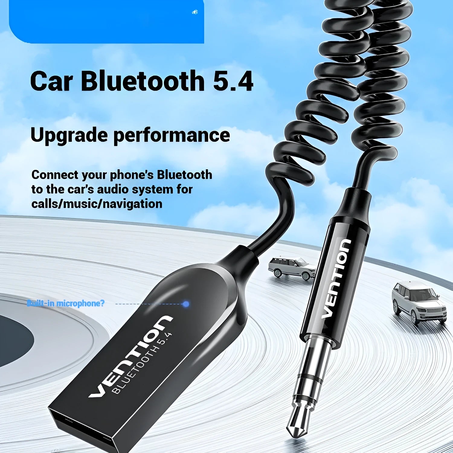 USB car Bluetooth audio receiver with USB-A and 3.5mm connectors for vehicle audio upgrade