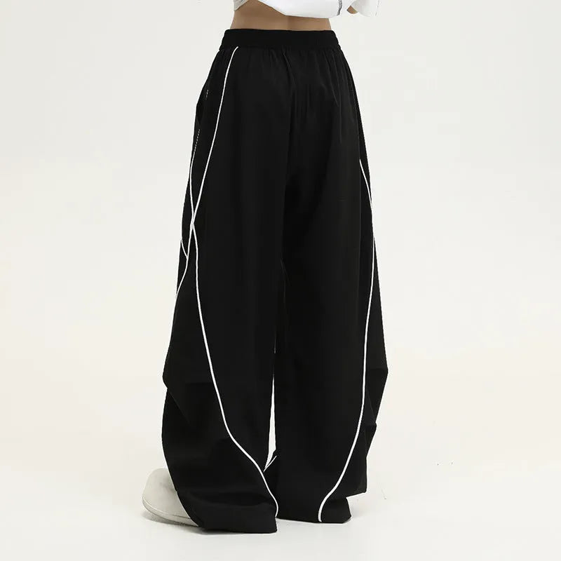 Black striped wide-leg hip hop sports trousers with mid waist fit