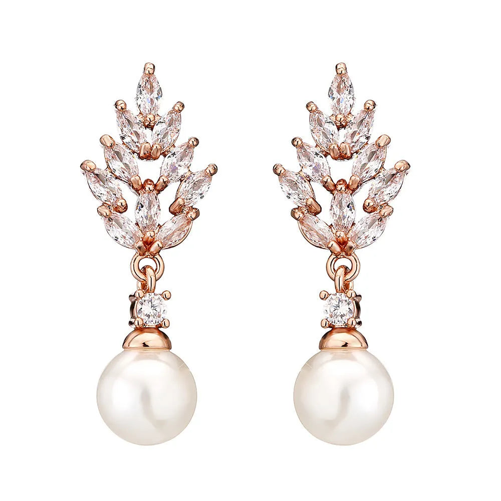 Micro inlaid zircon pearl earrings with geometric floral design in gold, platinum, or rose gold plating.