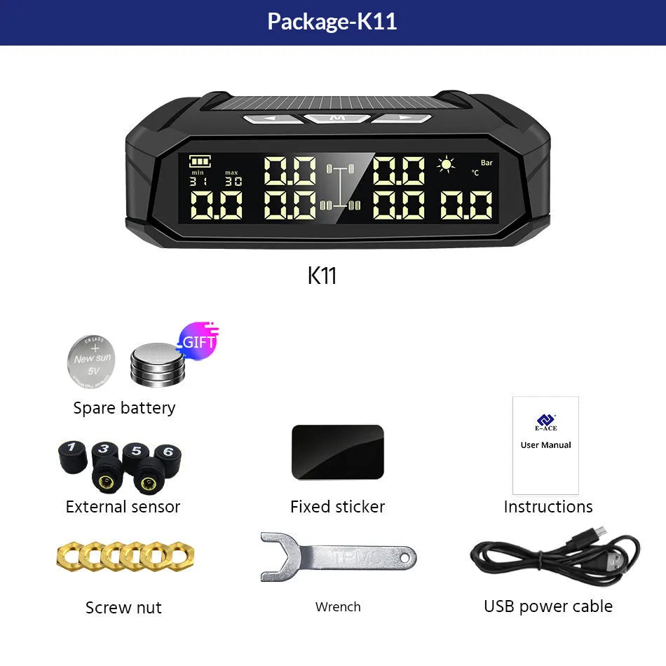 Solar-powered external tyre pressure monitoring system with a colour LCD display unit and six sensors for RVs and trucks.