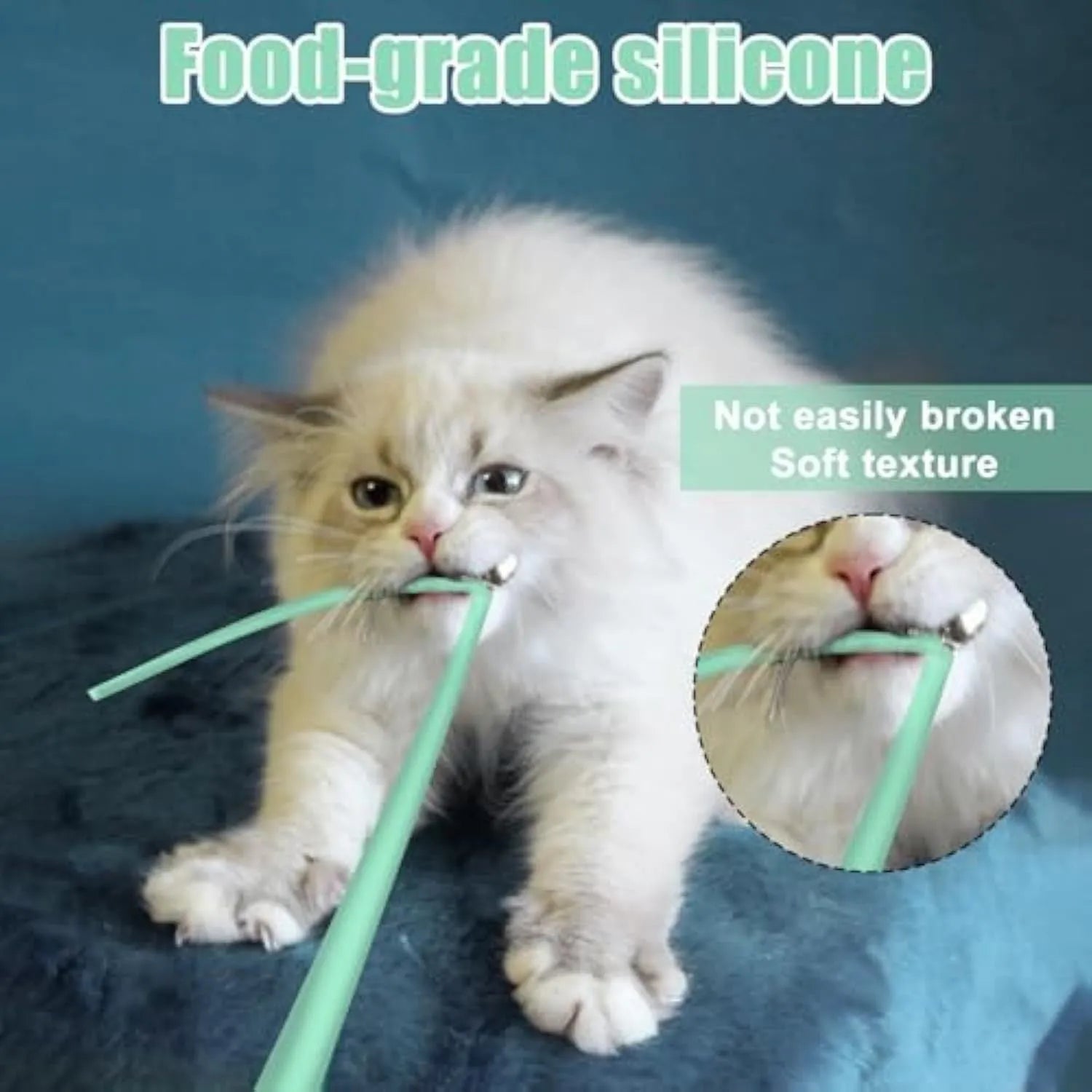 Green rechargeable automatic electronic cat wand toy with swinging silicone tail on a wooden floor