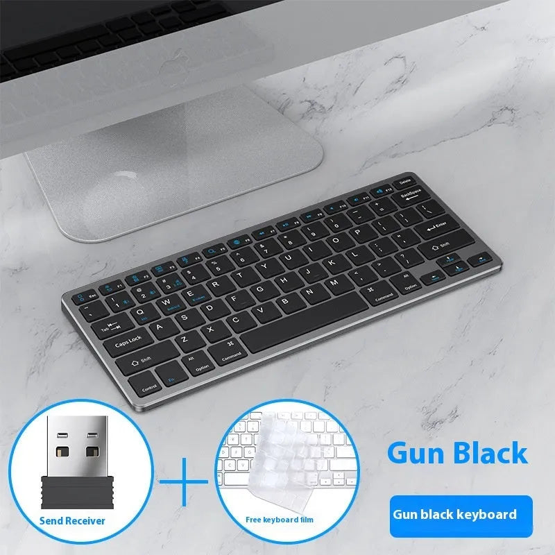Rechargeable black ultra-thin wireless keyboard and mouse set with USB receiver and protective cover on a desk.