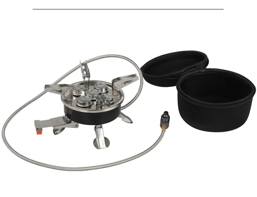 Silver portable split camping stove with stainless steel burner and long hose, shown folded.
