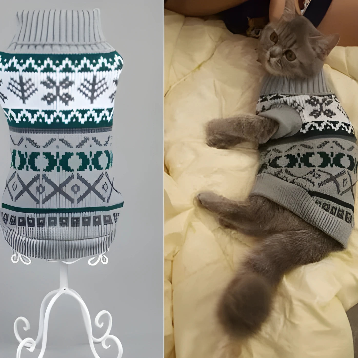 Acrylic dog sweater in grey, shown on a small dog, XS-XXL sizes are available