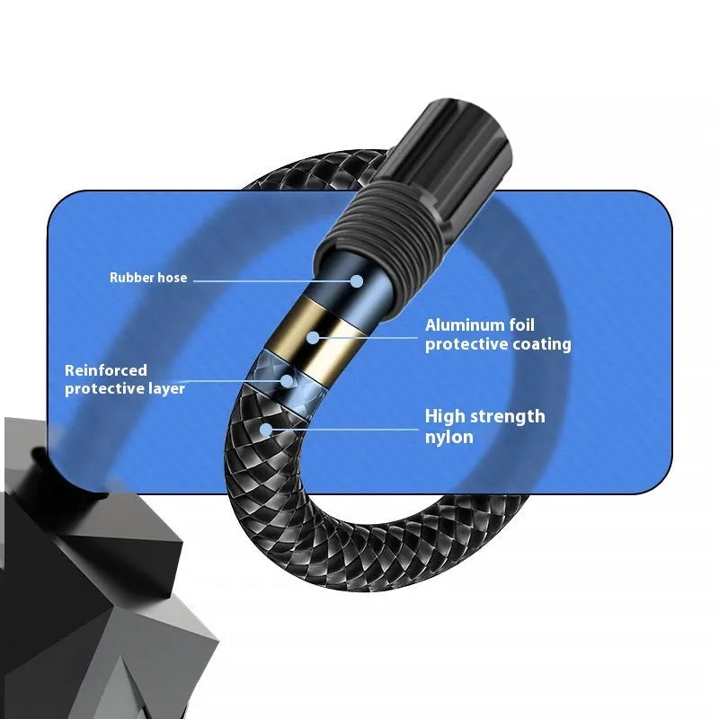Black portable car tyre inflator with digital display and LED light, powered by 12V socket.