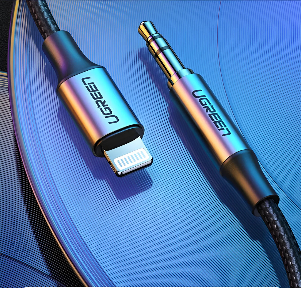Black Lightning to 3.5mm audio adapter cable with shiny silk braid and aluminium connectors for car stereo connection