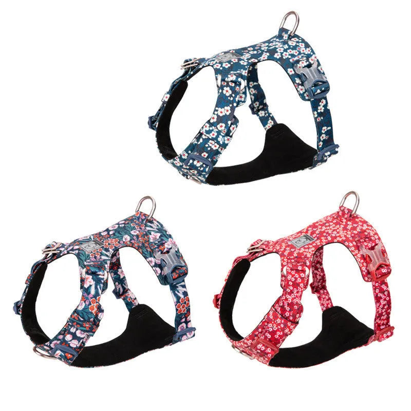 Floral pattern dog harness with chest strap design in pure cotton fabric