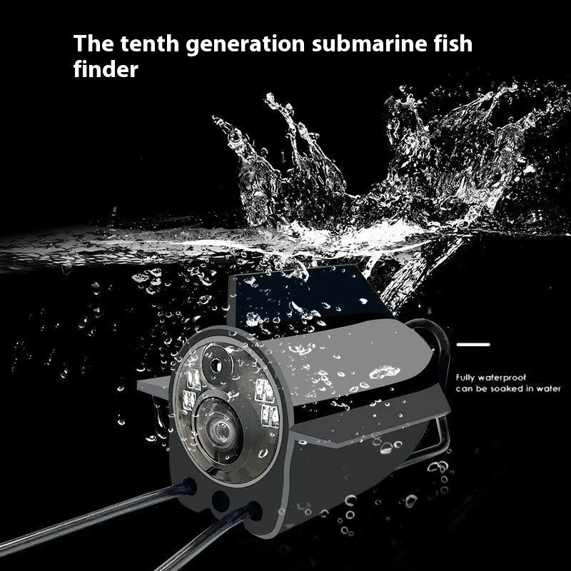 Underwater HD fish finder camera system with screen, featuring a wide-angle lens, night vision lights, and temperature sensor.