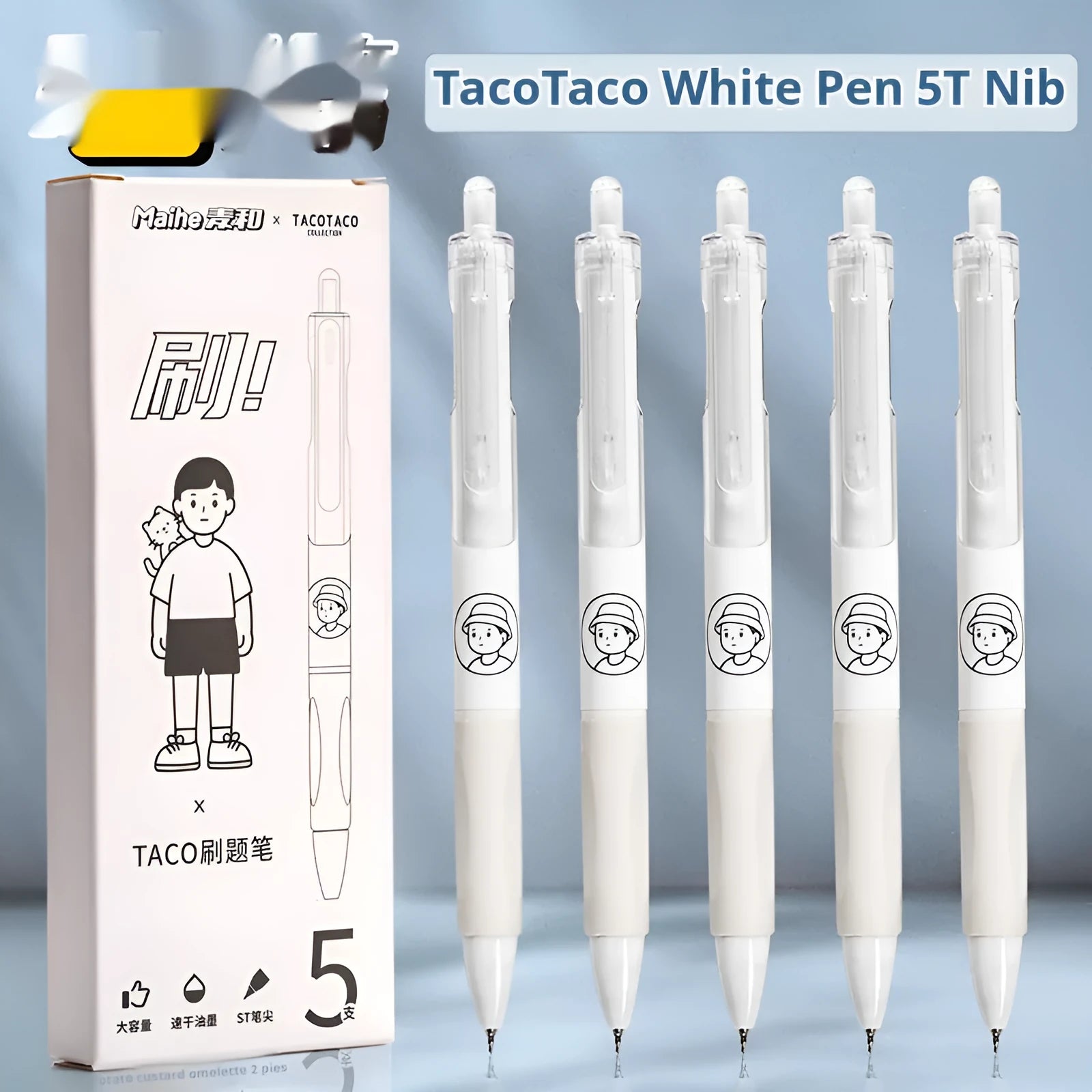 Five white plastic ballpoint pens with 0.5mm black gel ink tips from the Taco series.