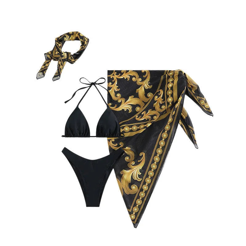 Vintage print lace-up bikini three-piece swimsuit in blue, rose red and pictured colour options