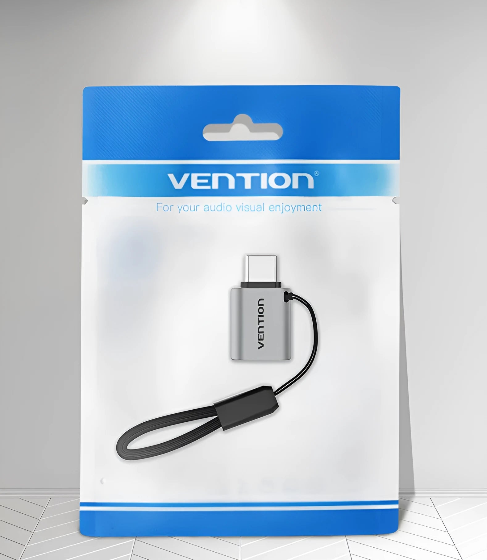 Grey aluminium USB 3.0 C Male to A Female OTG adapter with lanyard attachment