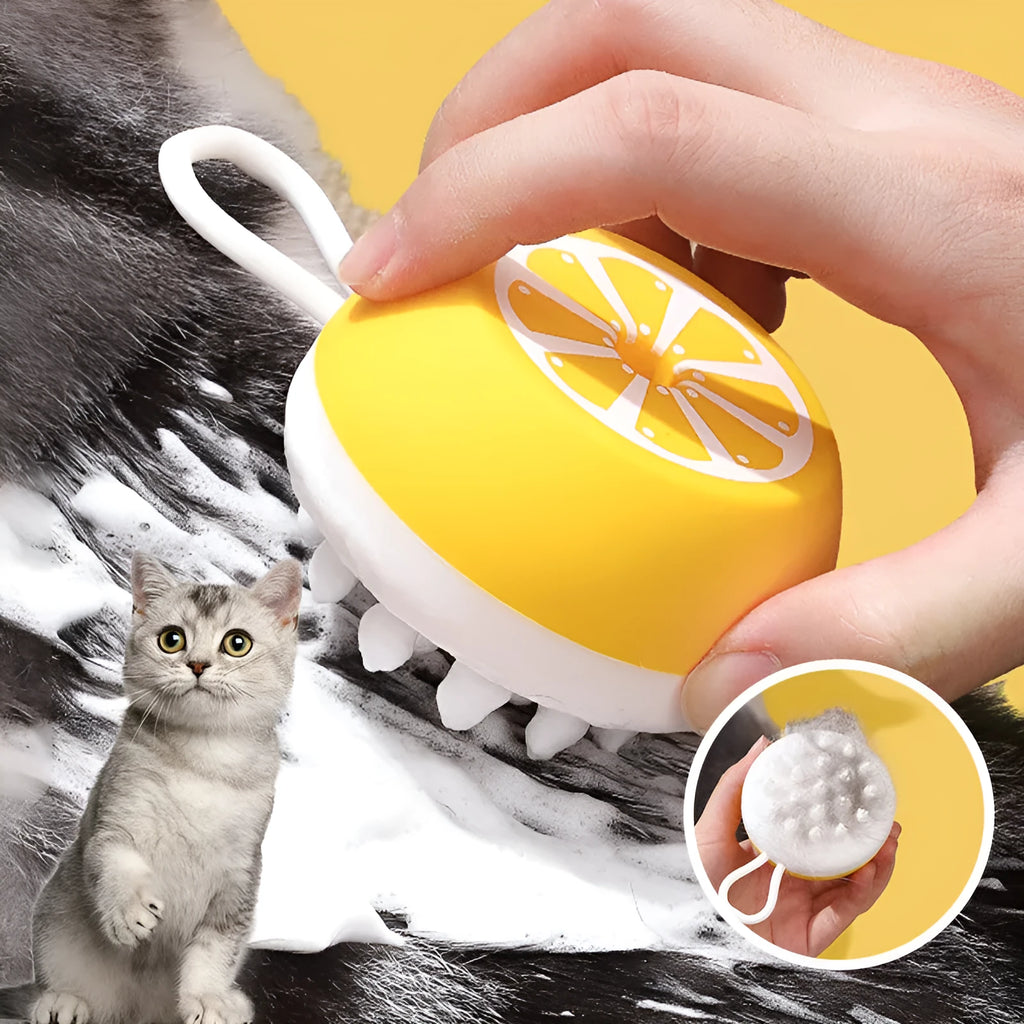 Yellow silicone pet bath brush with massage head design for dog and cat grooming during bathing