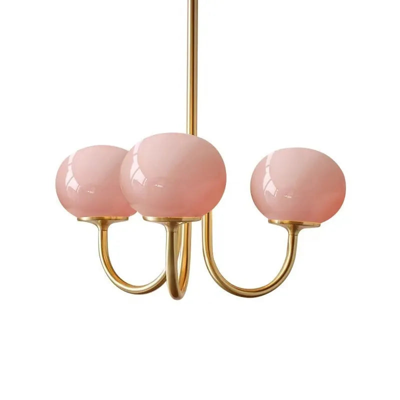 5-head retro glass chandelier with iron frame and LED tricolour light in pink gold finish