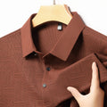 Men's slim fit lapel t-shirt on a hanger, showing the collar detail and available colour options.