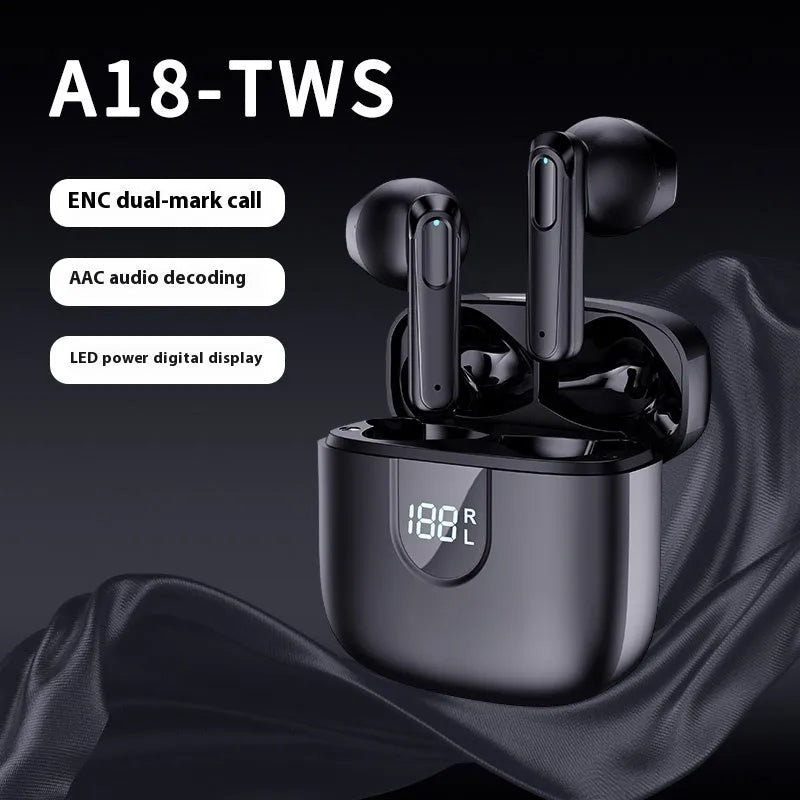 A18 wireless Bluetooth headset in-ear with digital display, PC ABS material, black colour