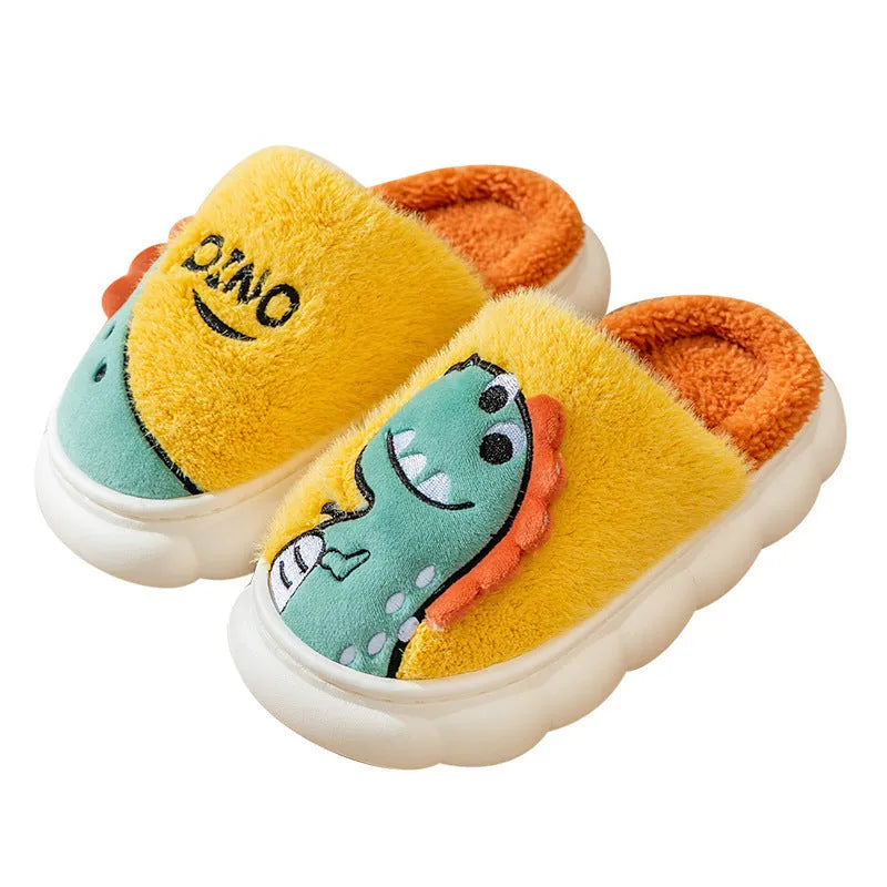A pair of warm plush cotton slippers for couples, shown in a dinosaur-themed colour design.