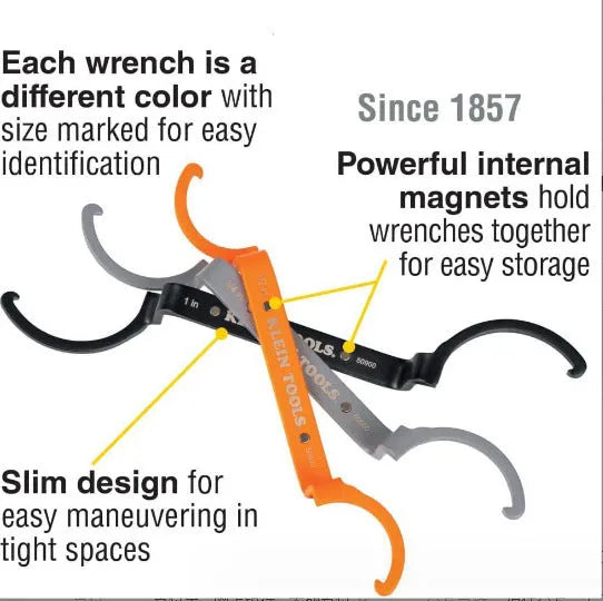 Orange, grey, and black magnetic suction wrenches laid out to show crescent, catheter locking, and standard spanner types.
