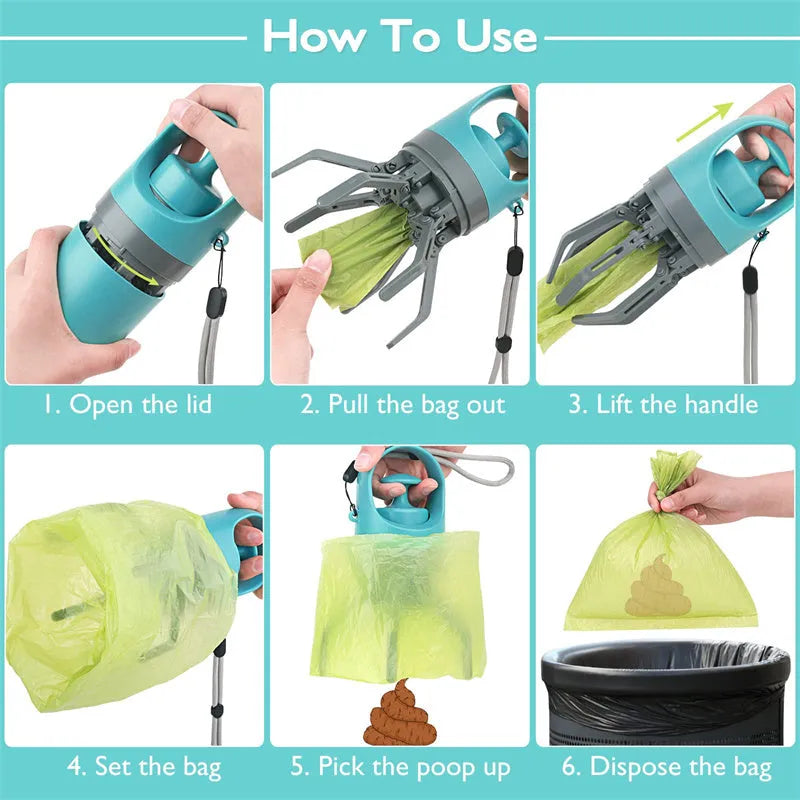 Blue portable dog pooper scooper with claw mechanism and built-in bag dispenser