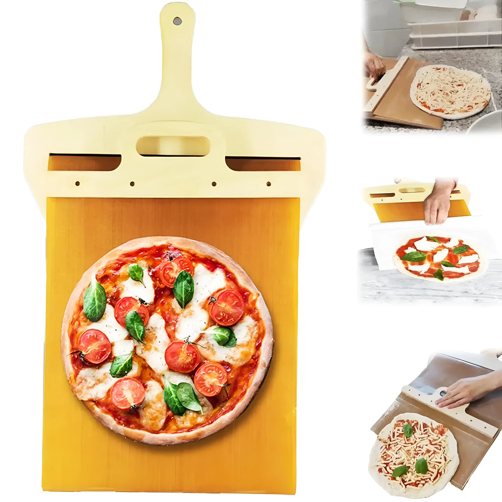 Food-grade PP plastic pizza transfer shovel on a kitchen counter, showing its size and hanging hole.