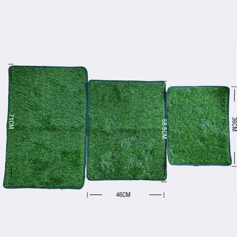Green washable dog grass pee mat with realistic lawn texture on a patio.