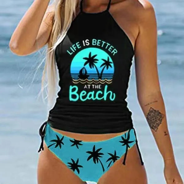 Conservative ladies swimsuit with colourful split printing design in European American style