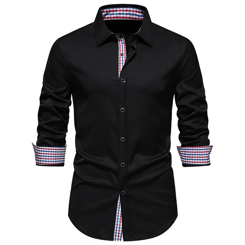Men's loose plaid casual long-sleeved shirt in polyester blend fabric, available in multiple colours