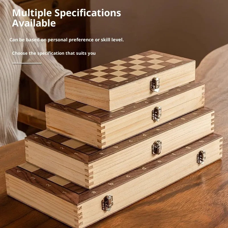 Walnut foldable solid wood chess set with brown pieces and two board size options for children