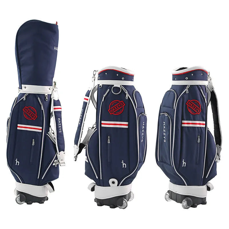 Dark blue pull rod golf bag with wheels and handle on a golf course
