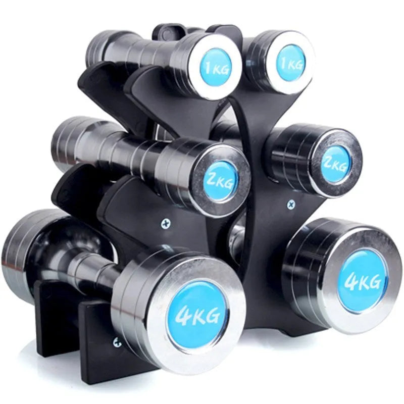 White PVC removable dumbbell rack stand holding multiple dumbbells on a gym floor.