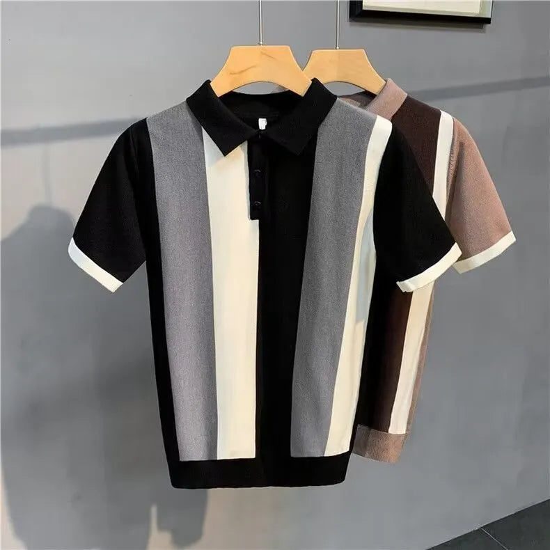 Men's short sleeve vintage stripe shirt with front zipper, khaki colour, Mercerized cotton and rabbit fur blend