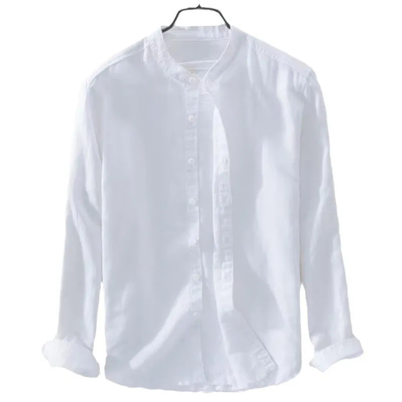 Men's loose fit long sleeve casual shirt in a cotton linen fabric, shown in a solid colour.