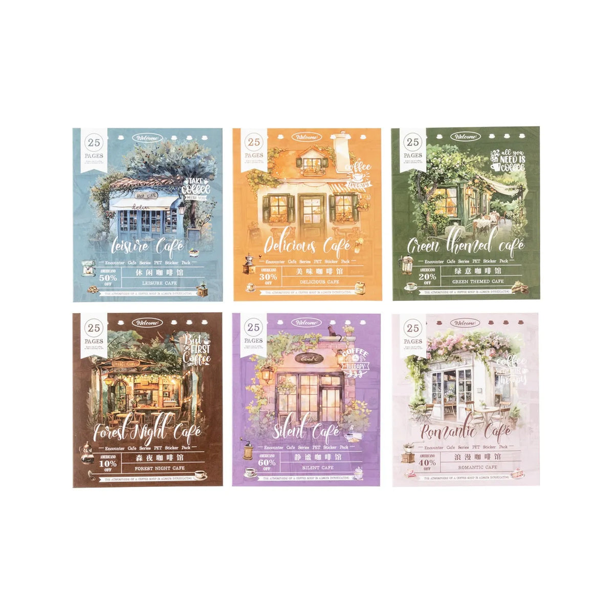 Encounter Cafe Series hand account sticker package with retro cafe designs in multiple colour options including Mori Night Cafe and Green Cafe.