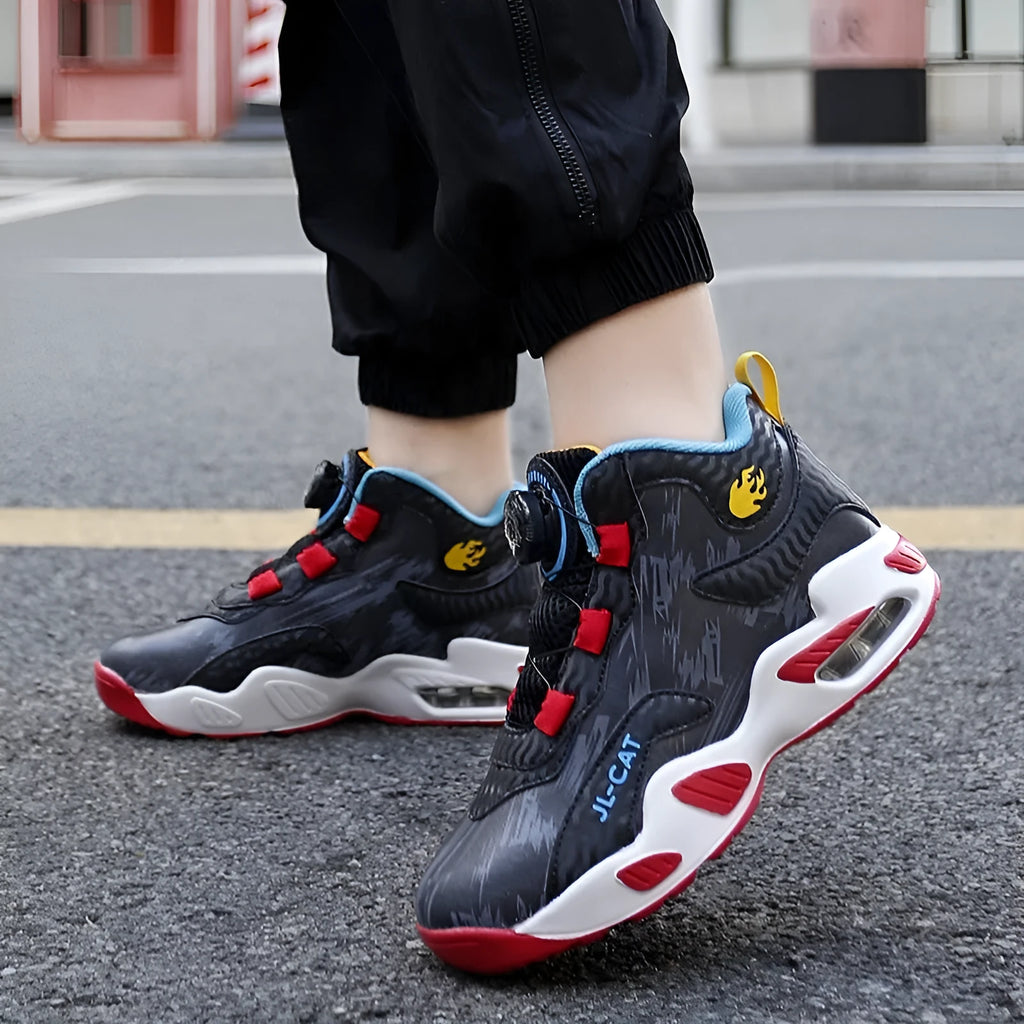 Boys' rotating button basketball shoes in black synthetic leather with cushioned PU sole