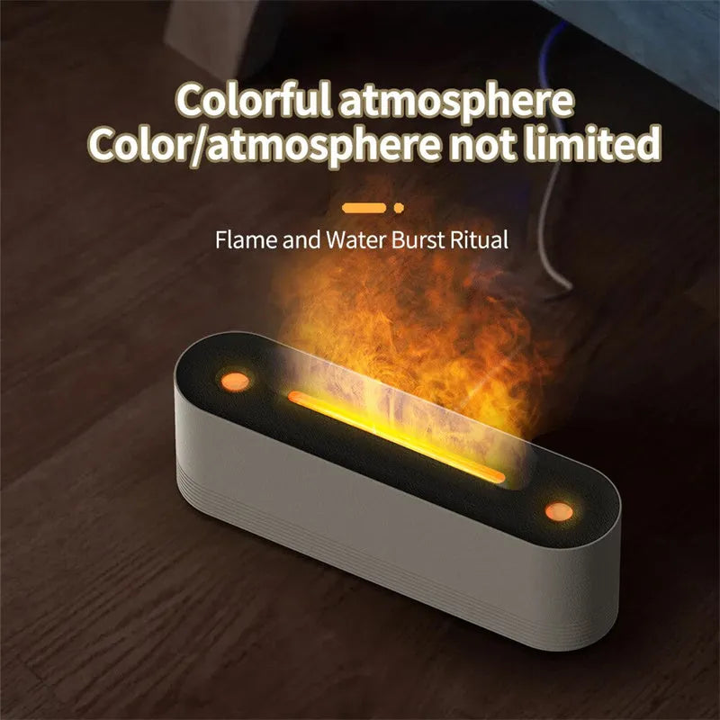 Black ultrasonic humidifier diffuser with 7-colour LED flame lighting effect and water mist emission