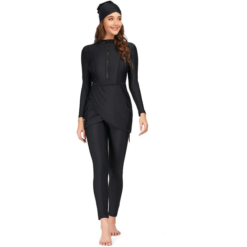 Black conservative Muslim ladies swimsuit with long sleeves and full coverage bottoms