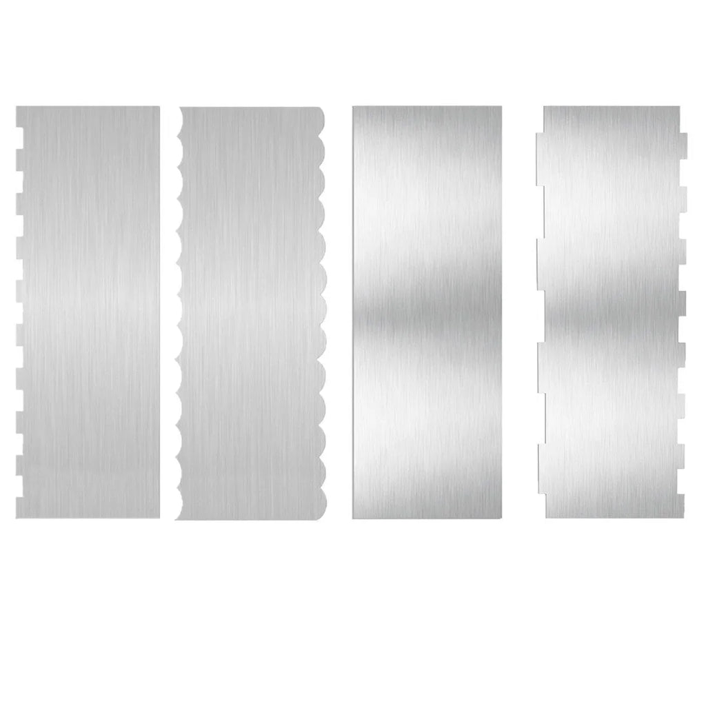 Stainless steel cake scraper with geometric polygon edge pattern for decorative baking