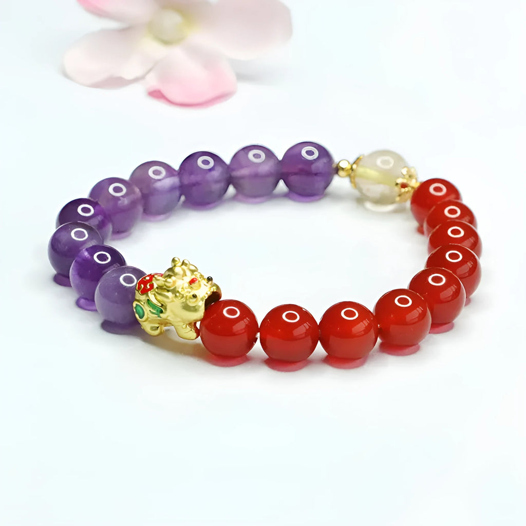 Women's bracelet with purple amethyst and red agate beads in a Chinese style, 8mm bead size.
