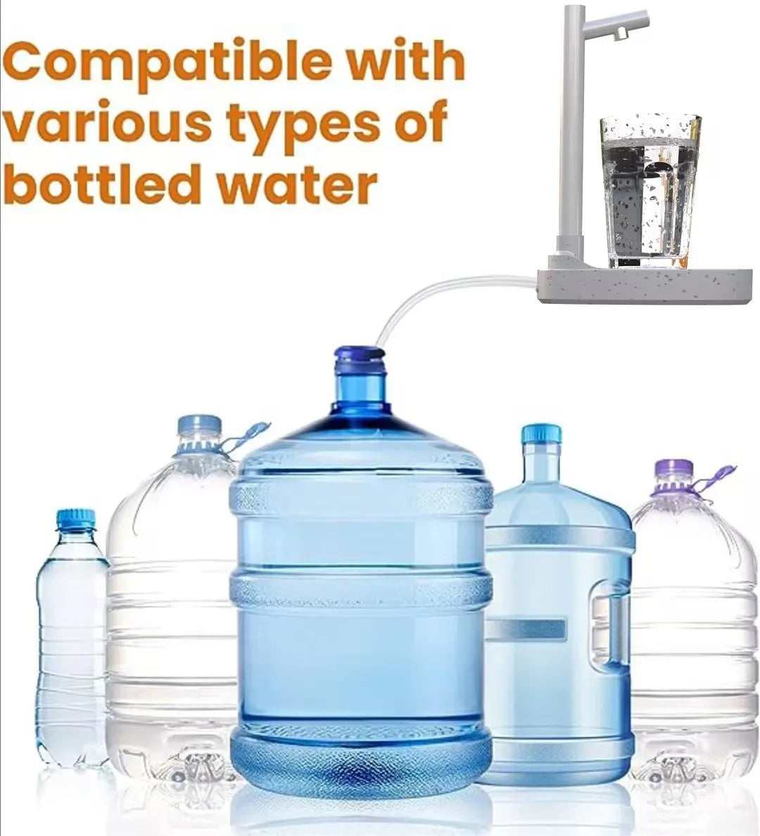 White and blue rechargeable desktop water dispenser pump with LED display on a water bottle.