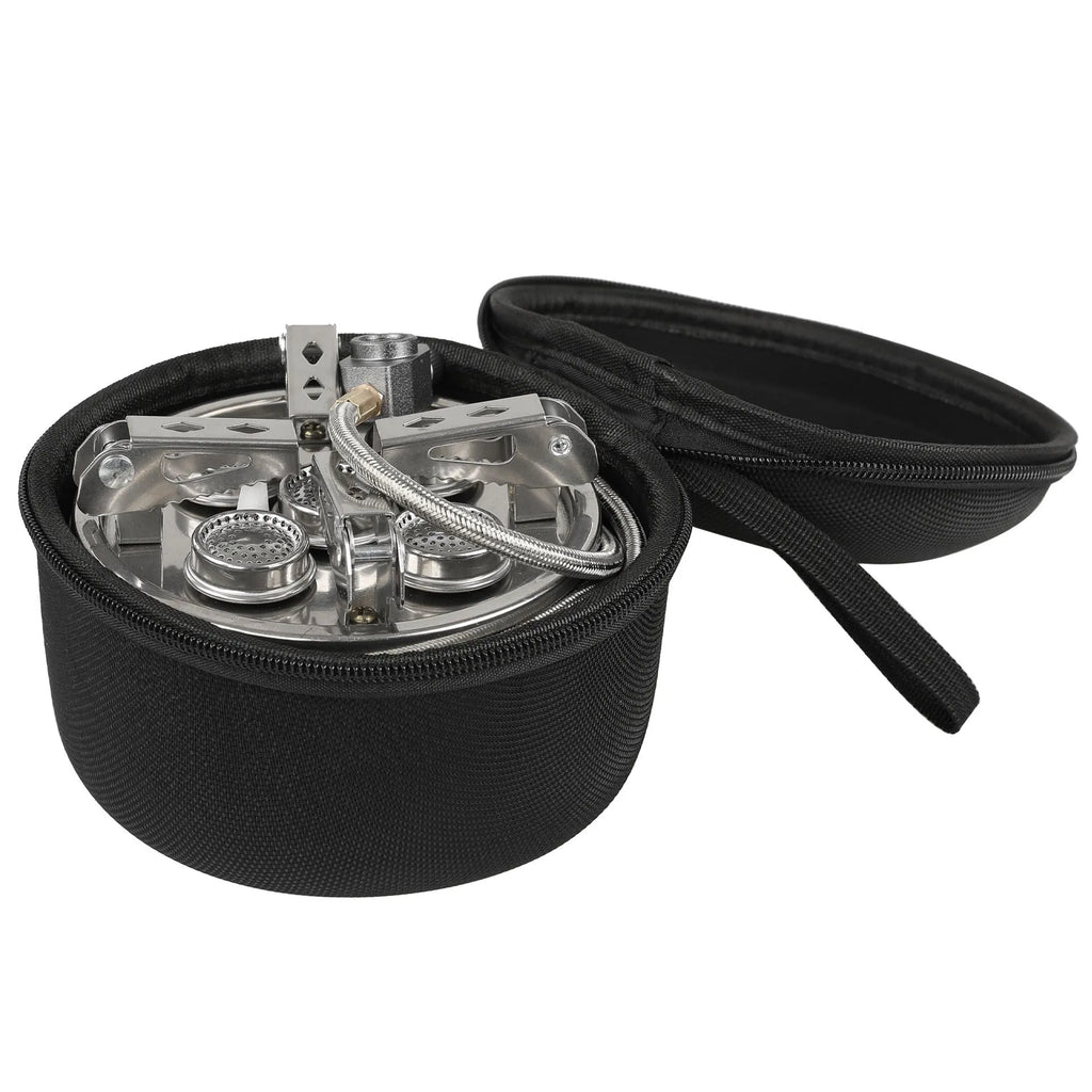 Silver portable split camping stove with stainless steel burner and long hose, shown folded.